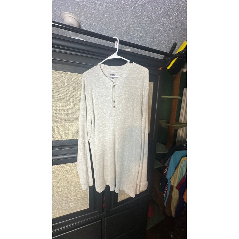 KingSize Mens 2XL Big Waffle Knit Henley Shirt Long Sleeve Heather Oatmeal